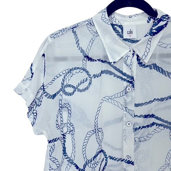 Cabi White and Navy Blue Nautical Short sleeve sheer button down size medium - Picture 3 of 5